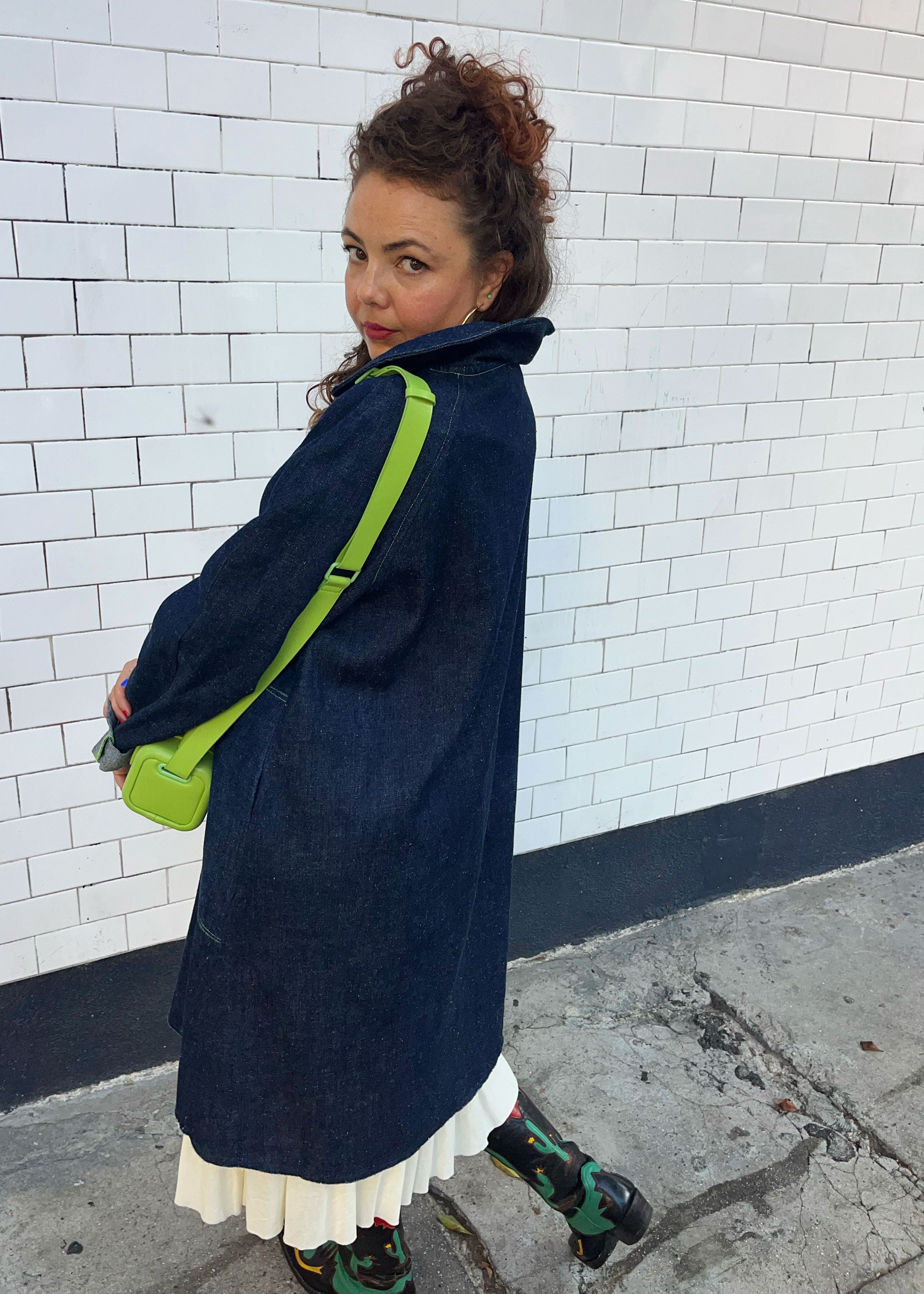 Hemp Denim Coat with Green Buttons