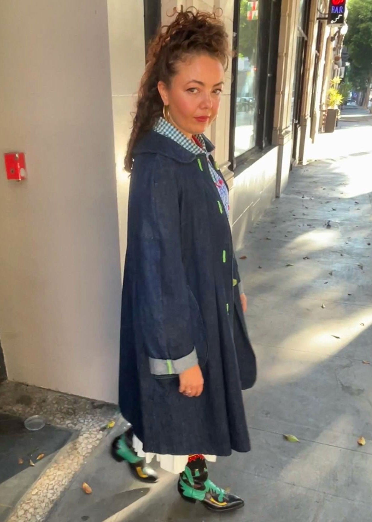 Hemp Denim Coat with Green Buttons