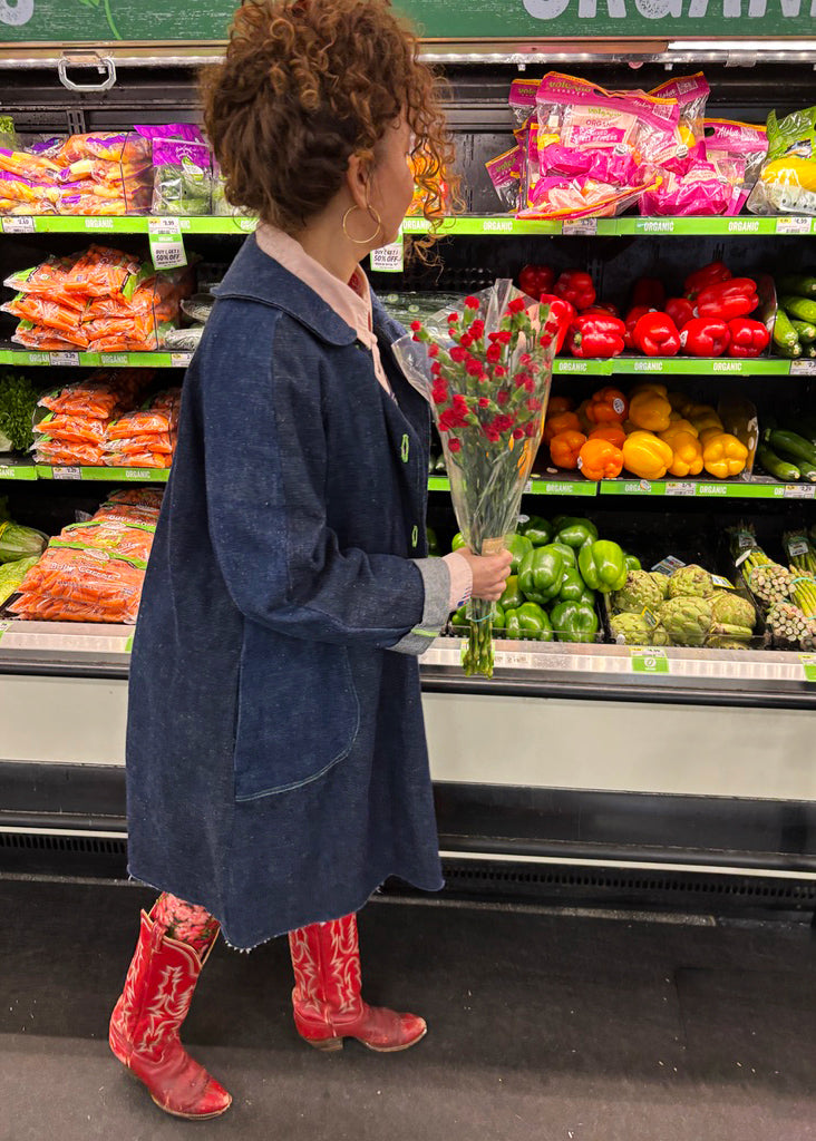 Hemp Denim Coat with Green Buttons
