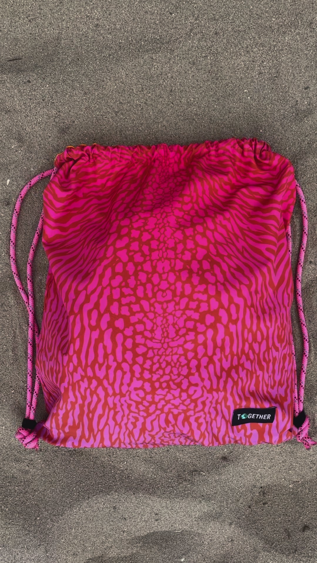 aquatic leopard print drawstring backpack, made in the usa from recycled plastic bottles