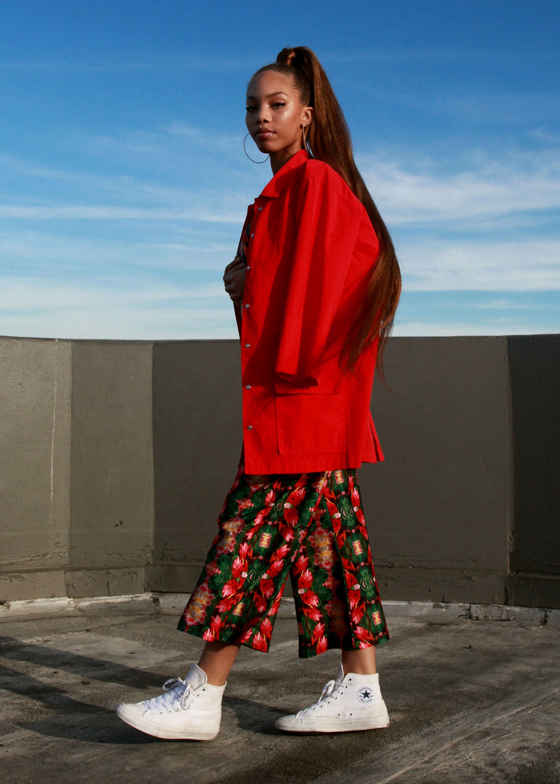 Tropical flowers and plants collaged into this gorgeous unique print. UPF 50 sun protecting fabric. Sustainably made from recycled fabric.