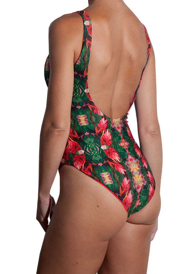 Tropical flowers and plants collaged into this gorgeous unique print. One piece swimsuit made from recycled fabric.