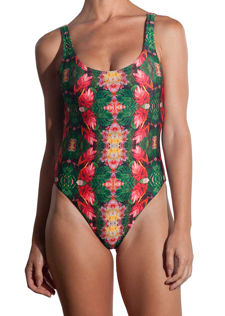 Tropical flowers and plants collaged into this gorgeous unique print. One piece swimsuit made from recycled fabric.