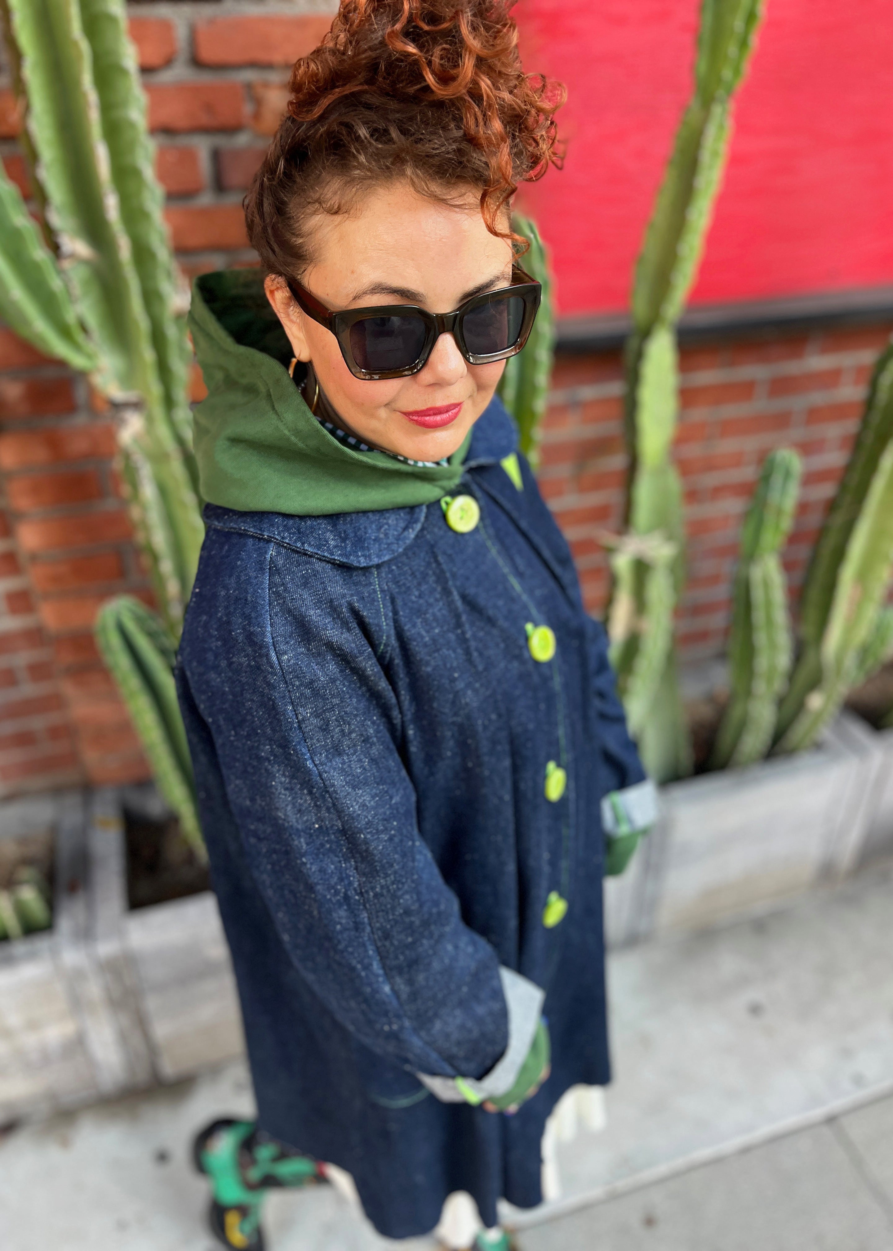 Hemp Denim Coat with Green Buttons