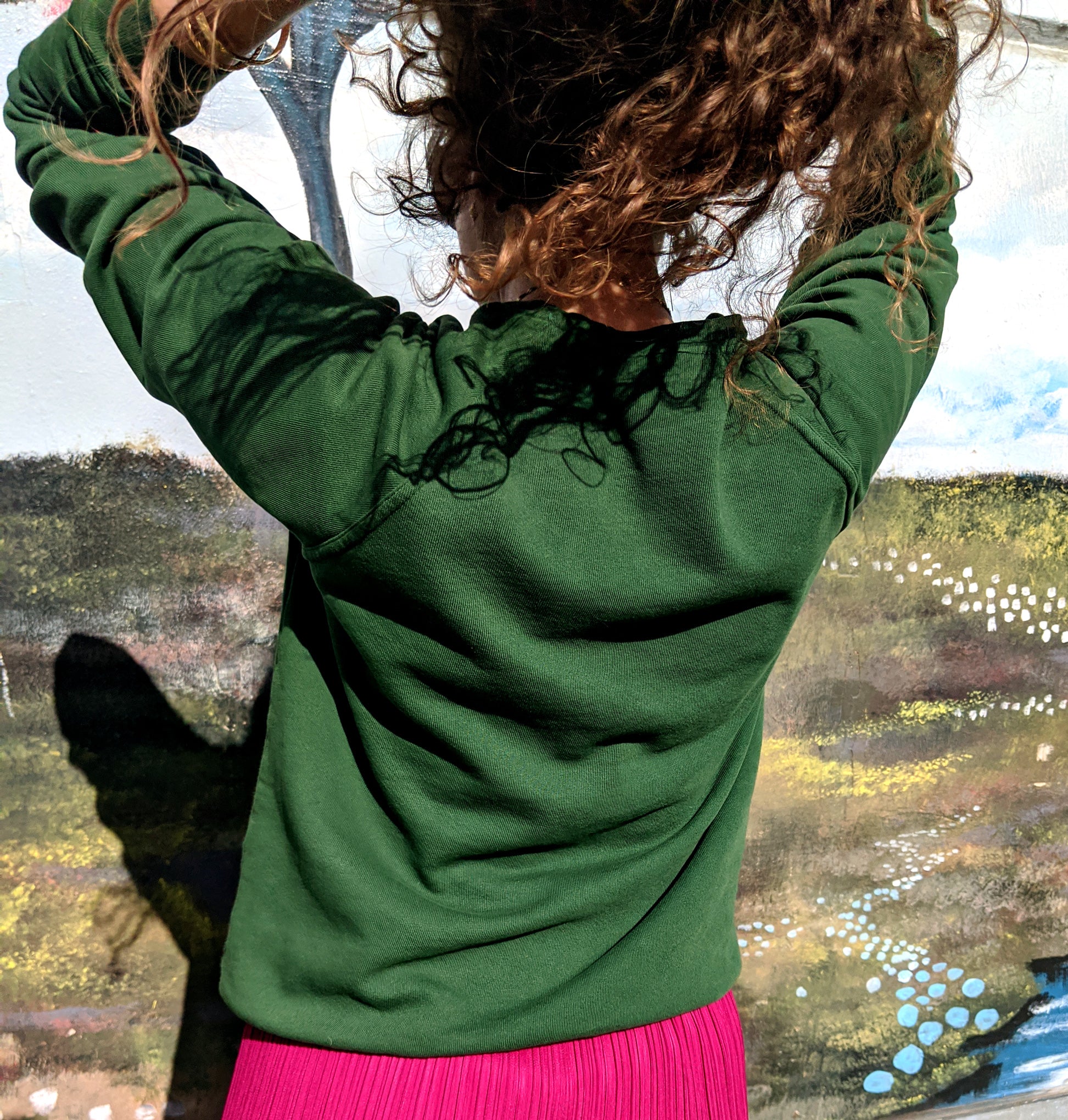 Gatherer Green Raglan Unisex Sweatshirt made from organic cotton in Los Angeles. Back view looks great on men & women.